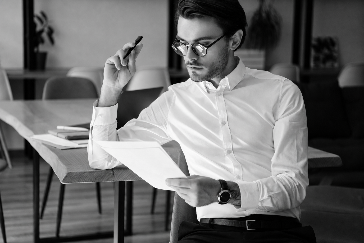 A founder carefully reviewing agency proposals and documents before making a hiring decision