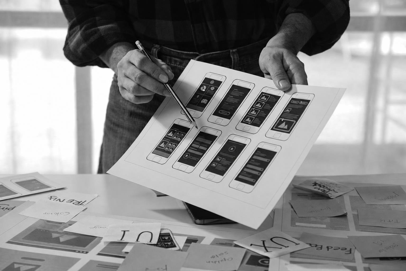 A founder and product team narrowing an MVP scope around wireframes and feature decisions