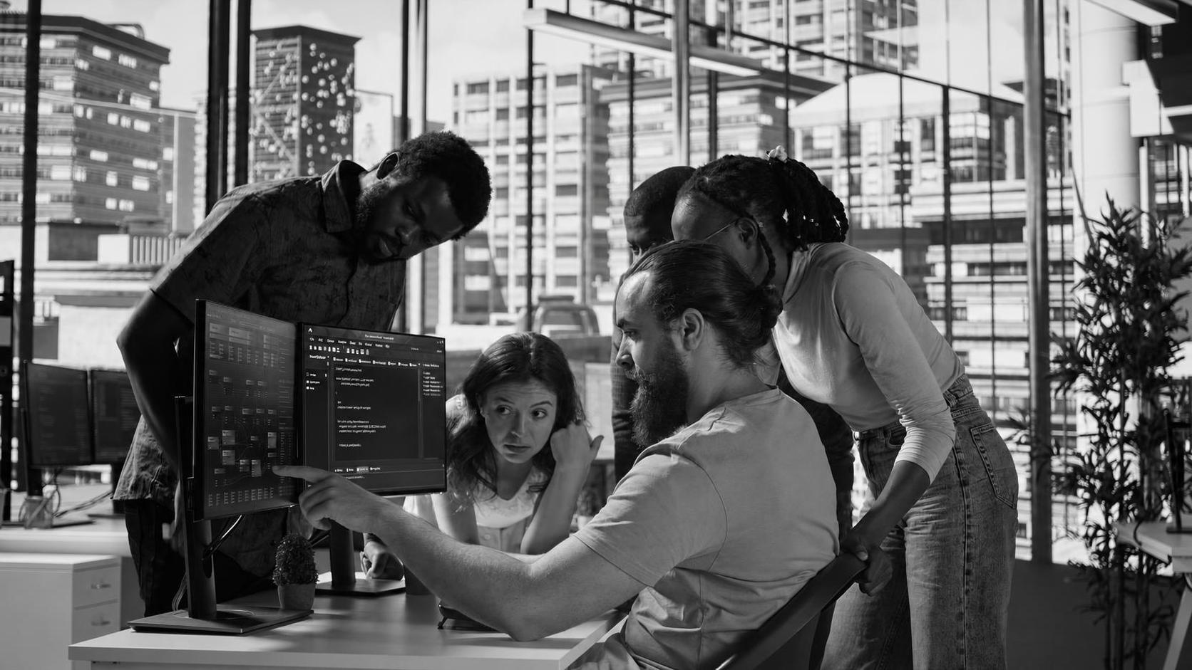A small development team gathered around a screen reviewing code together