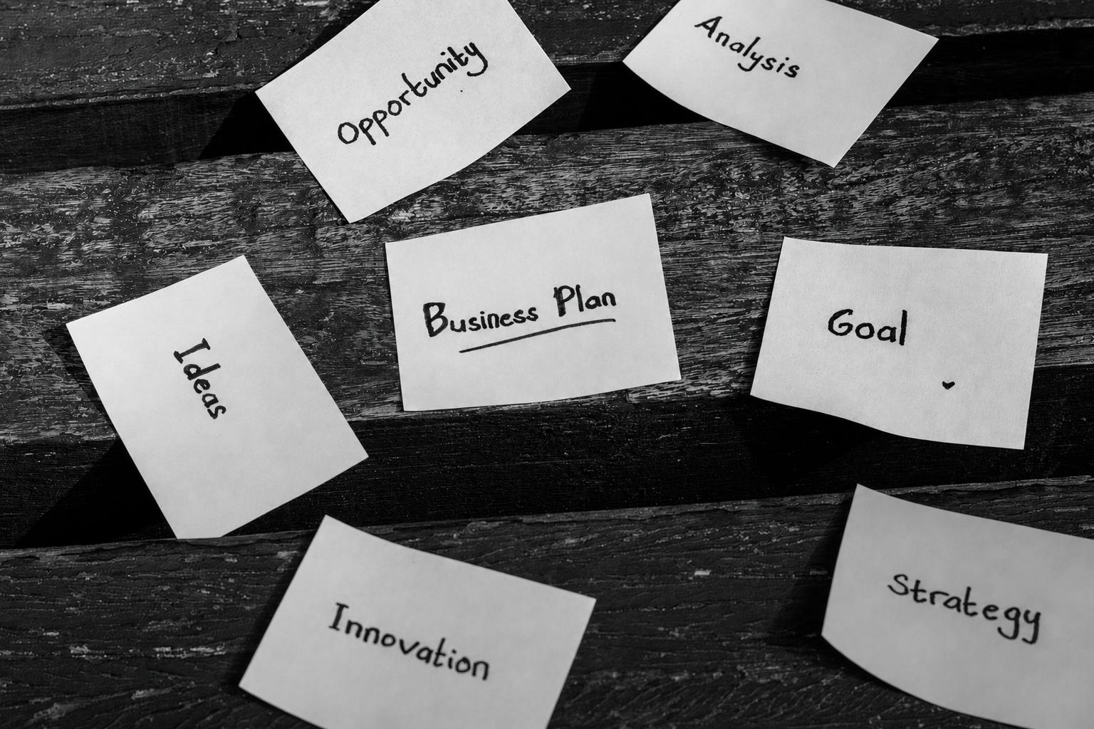 Sticky notes and business-plan ideas used to sort MVP assumptions before development